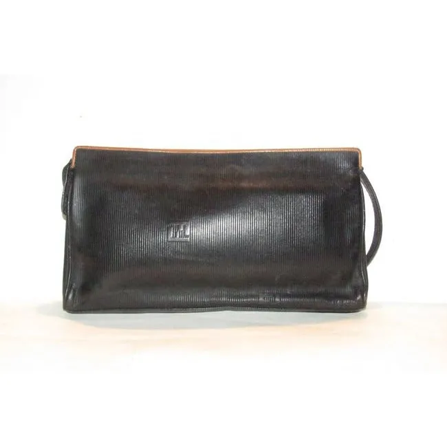 Fendi Early Sas Style Purse Black Leather With A Linear Design And Camel Trim Clutch