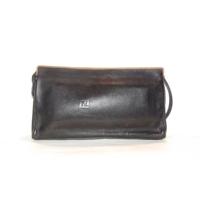 Fendi Early Sas Style Purse Black Leather With A Linear Design And Camel Trim Clutch