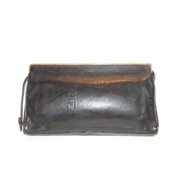 Fendi Early Sas Style Purse Black Leather With A Linear Design And Camel Trim Clutch