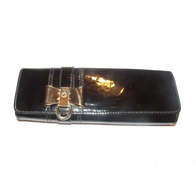 Gucci W Accent Black Patent Leathergold Bow Clutch