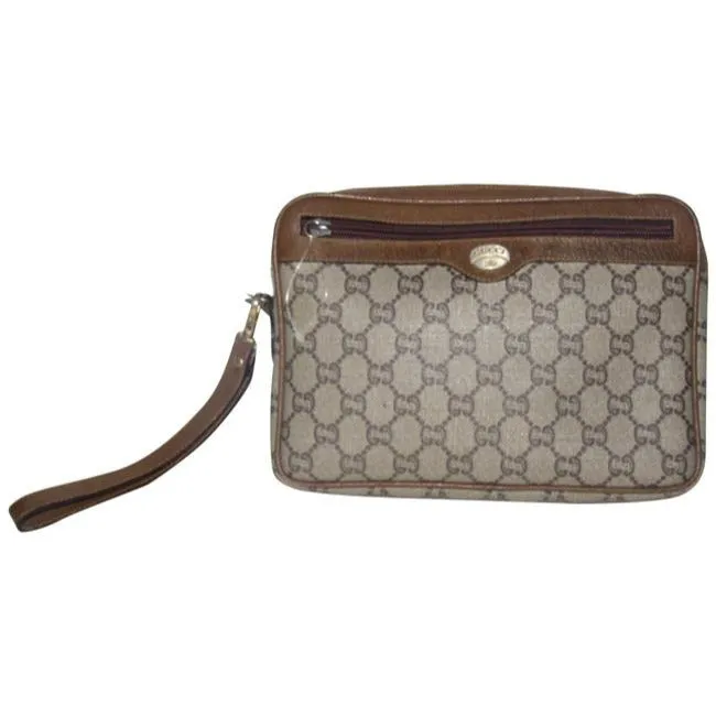 Gucci Webby Vintage Purses Brown Coated Canvas With Plus Design And Brown Leather Clutch