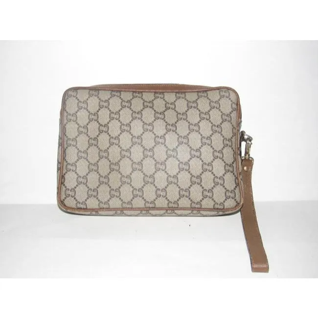 Gucci Webby Vintage Purses Brown Coated Canvas With Plus Design And Brown Leather Clutch