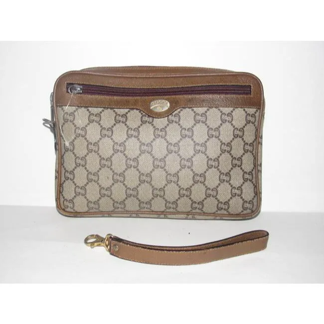 Gucci Webby Vintage Purses Brown Coated Canvas With Plus Design And Brown Leather Clutch
