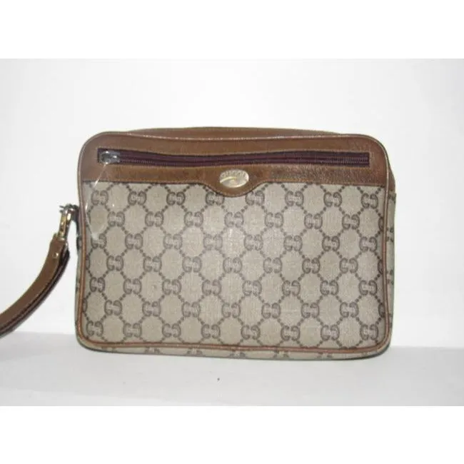 Gucci Webby Vintage Purses Brown Coated Canvas With Plus Design And Brown Leather Clutch