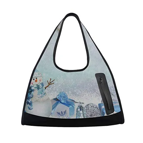 Gym Bag Christmas Snowman Pine Tree Bell Women Yoga Canvas Duffel Bag Crossbody Tennis Racket