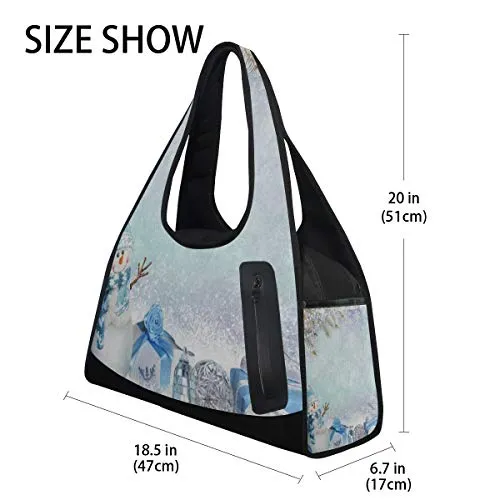 Gym Bag Christmas Snowman Pine Tree Bell Women Yoga Canvas Duffel Bag Crossbody Tennis Racket