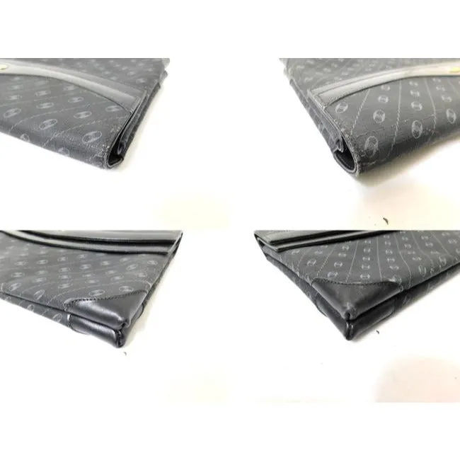 ON SALE! Gucci Vintage Purses Grey Diagonal Oval Logo Print On Black Coated Canvas And Leather