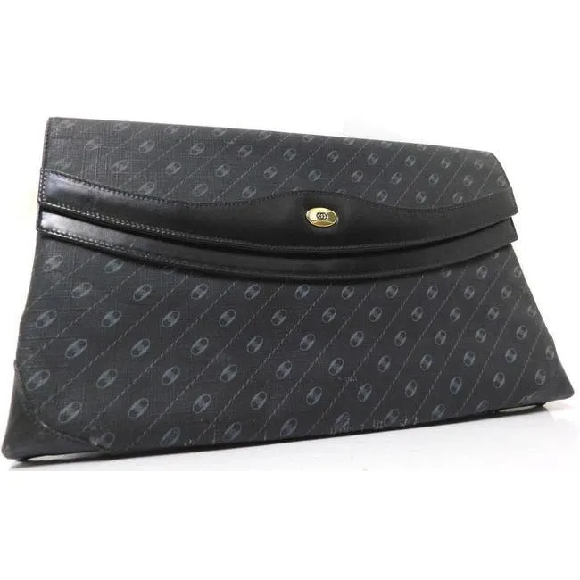 ON SALE! Gucci Vintage Purses Grey Diagonal Oval Logo Print On Black Coated Canvas And Leather