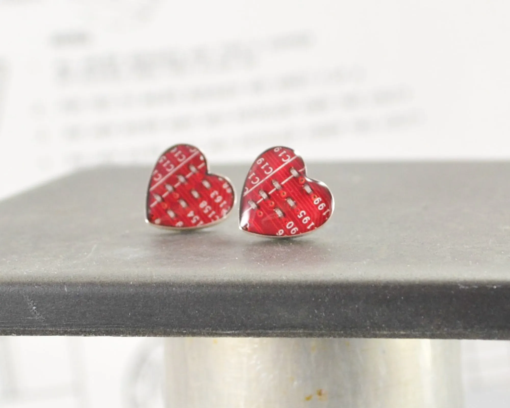 Small Circuit Board Heart Post Earrings
