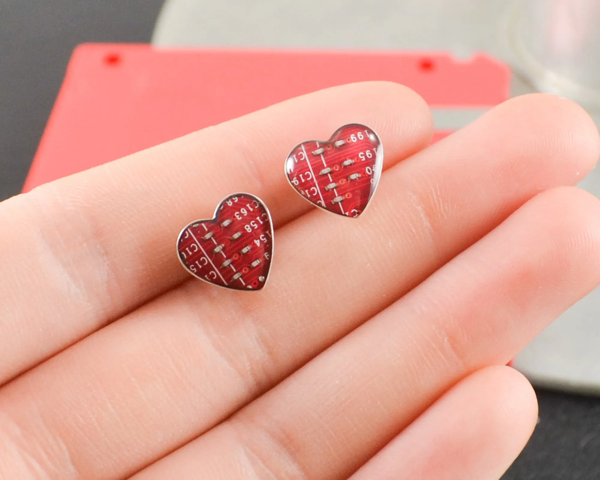 Small Circuit Board Heart Post Earrings
