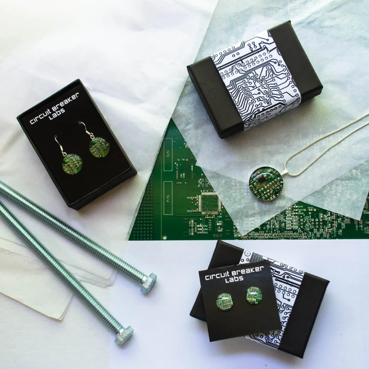 Small Circuit Board Heart Post Earrings